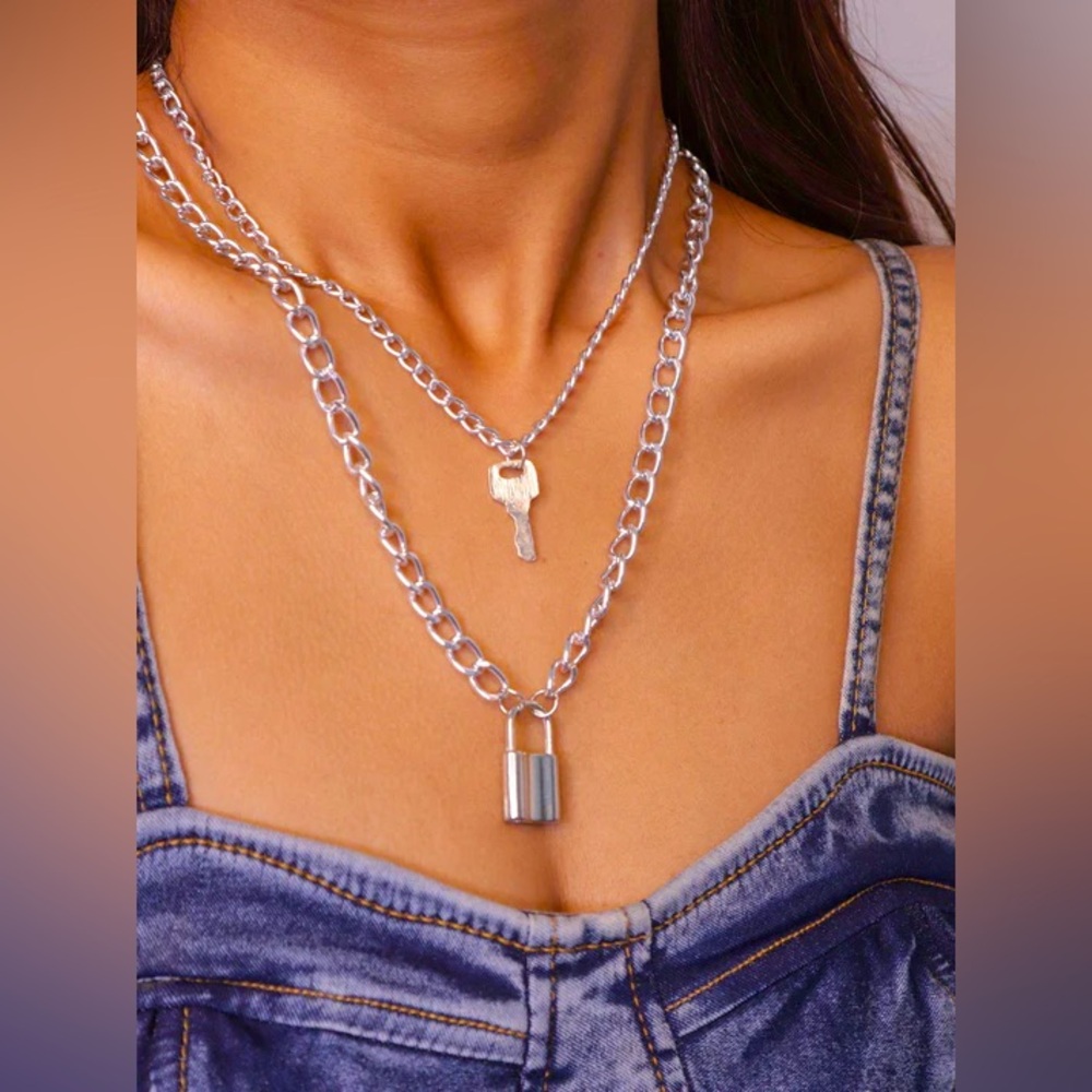 New Trending Silver Padlock and Key Double Strand Necklace